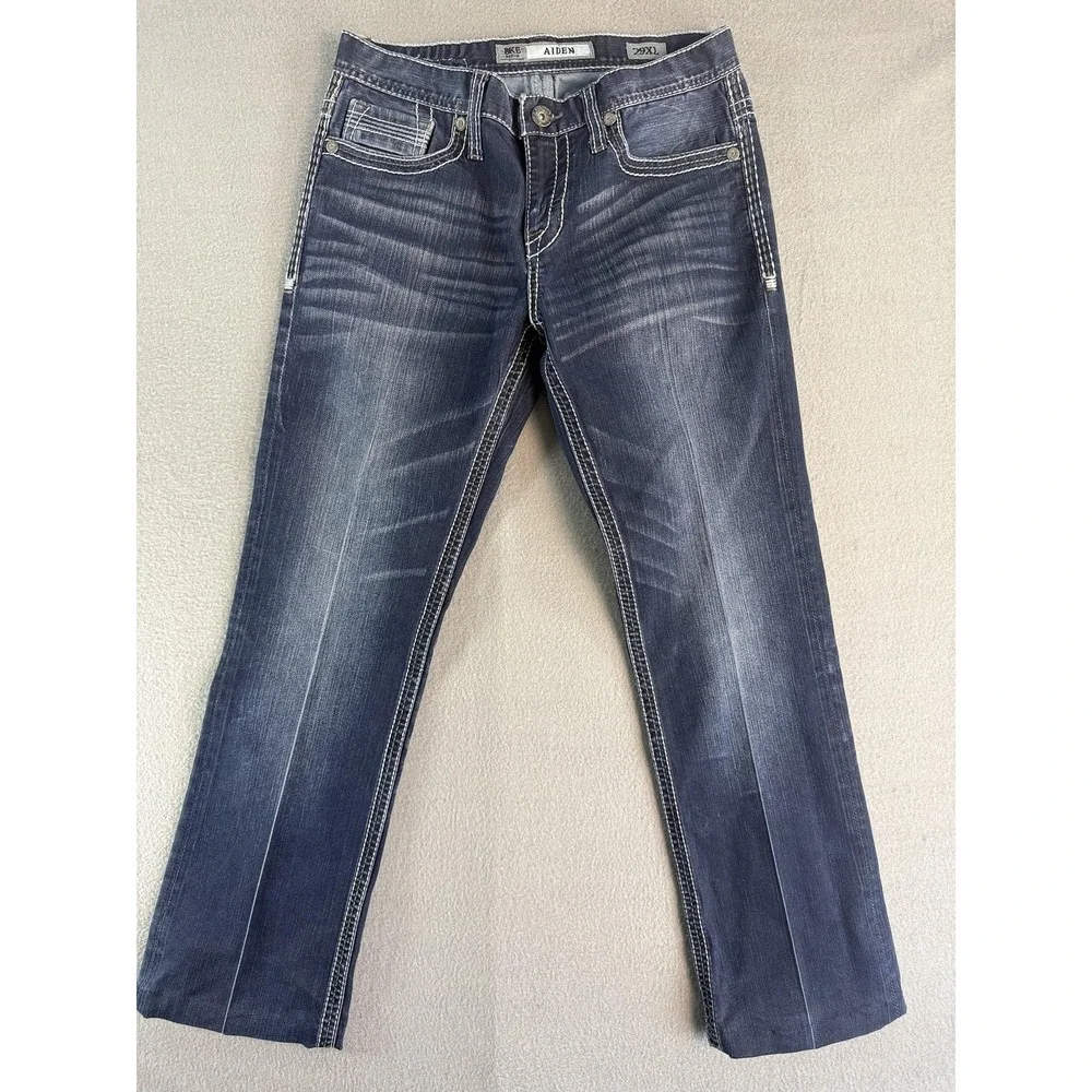 BKE Aiden Jeans Mens‎ 29x27 Med Wash Blue Relaxed Bootcut Stretch Distressed Hem